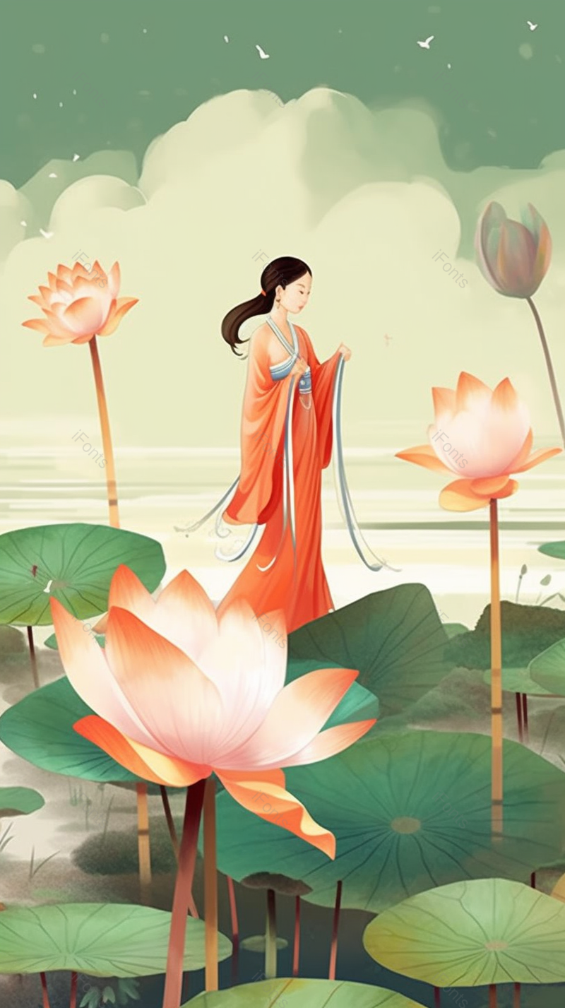 夏天夏至节气荷花池中绿色的荷叶和盛开的荷花花苞一位古装女性女人站在荷花池后手绘插画,插画/手绘图,插画/手绘图库,插画/手绘图下载,插画/手绘